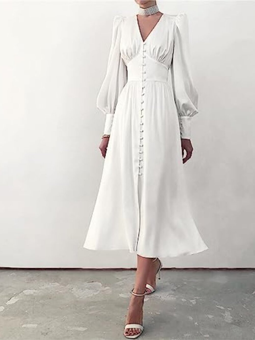🆕 Women's V Neck Puff Sleeve Satin Maxi Dress Long Lantern Sleeve Button Down - Picture 2 of 4